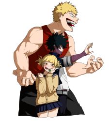 10s 1girl 2boys absurdres blonde_hair blunt_bangs boku_no_hero_academia cardigan dabi_(boku_no_hero_academia) double_bun hair_bun highres knife komiya_harumoto multiple_boys muscular_(boku_no_hero_academia) school_uniform serafuku skirt toga_himiko weapon yellow_eyes