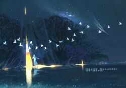 1girl absurdres bare_arms bird blue_flower chinese_commentary chinese_text city commentary_request dove field flock flower forest from_behind full_body highres long_hair long_skirt morncolour nature night original outdoors reflective_floor scenery shirt shoes short_sleeves skirt sky solo star_(sky) starry_sky straight_hair sun t-shirt translation_request white_hair white_shirt white_shoes white_skirt wide_shot