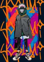 Rule 34 | 1girl, bag, black pants, black shirt, black shoes, buttons, colored skin, frown, full body, green hoodie, grey skin, hair over eyes, hat, highres, holding, holding bag, hood, hoodie, indie virtual youtuber, layered clothes, long sleeves, medium hair, open mouth, pants, pink hat, seimannu, shirt, shoes, sneakers, solo, virtual youtuber, yosumi (vtuber)