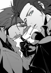 Rule 34 | 2boys, apron, black gloves, cigarette, collared dress, crisis core final fantasy vii, cross scar, dress, facial scar, final fantasy, final fantasy vii, frilled apron, frills, genesis rhapsodos, gloves, hair slicked back, highres, holding, holding cigarette, looking at viewer, maid apron, male focus, medium hair, multiple boys, parted lips, scar, scar on cheek, scar on face, short hair, sideburns, smoking, tongueeeeeee, upper body, white background, zack fair