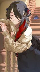 1girl absurdres black_flower black_hair black_horns black_skirt black_wings braid breasts brown_sweater closed_eyes colored_inner_hair commentary demon_horns english_commentary facing_viewer feathered_wings flower grin hair_ornament hair_over_one_eye hair_over_shoulder high-waist_skirt highres hololive hololive_english horn_flower horns indoors jailbird_(nerissa_ravencroft) large_breasts long_hair long_sleeves mamarissa mature_female mole mole_under_eye multicolored_hair off-shoulder_sweater off_shoulder one_eye_covered red_hair single_braid skirt sleeves_past_wrists smile solo stairs sweater tassel tassel_hair_ornament thekaiyip treble_clef two-tone_hair very_long_hair virtual_youtuber wings