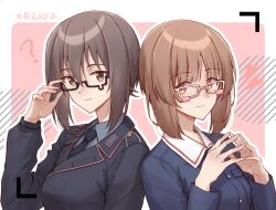 2girls ? adjusting_eyewear black-framed_eyewear black_jacket black_necktie blue_jacket breasts brown_eyes brown_hair closed_mouth commentary_request dress_shirt epaulettes eyes_visible_through_hair girls_und_panzer glasses grey_shirt hair_between_eyes heart highres itsuki_(tanakaitsukiiii) jacket large_breasts long_sleeves looking_at_viewer military military_uniform multiple_girls necktie niedersachsen_military_uniform nishizumi_maho nishizumi_miho ooarai_military_uniform shirt short_hair siblings simple_background sisters smile steepled_fingers teardrop-framed_glasses white-framed_eyewear