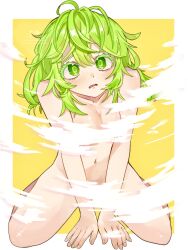 1girl barefoot between_legs blush boku_no_hero_academia breasts collarbone commentary completely_nude full_body green_hair hagakure_toru hand_between_legs highres long_hair looking_at_viewer medium_breasts messy_hair navel nude open_mouth sakura_(same-chan) simple_background sitting solo symbol-only_commentary unusually_visible wariza white_background