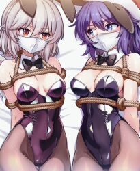 2girls alternate_costume animal_ears arms_behind_back bare_shoulders bdsm black_bow black_bowtie black_leotard blue_eyes bow bowtie breasts brown_pantyhose collarbone commentary_request covered_mouth covered_navel detached_collar doremy_sweet fake_animal_ears feathered_wings fur-trimmed_headwear fur_trim grey_hair hair_between_eyes hat kikoka_(mizuumi) kishin_sagume latex latex_leotard leotard looking_at_another lying medium_breasts multiple_girls nightcap on_back on_bed pantyhose playboy_bunny purple_hair purple_leotard rabbit_ears red_eyes red_hat rope short_hair single_wing strapless strapless_leotard tearing_up touhou wing_collar wings
