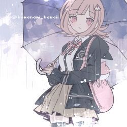 Rule 34 | 1girl, animal bag, breasts, brown hair, brown skirt, cat bag, collared shirt, danganronpa (series), danganronpa 2: goodbye despair, flipped hair, galaga, hair ornament, holding, holding umbrella, jacket, komanami kawaii, long sleeves, looking at viewer, medium hair, nanami chiaki, neck ribbon, open clothes, open jacket, pink bag, pink eyes, pink ribbon, pleated skirt, rain, ribbon, shirt, skirt, spaceship hair ornament, thighhighs, two-tone shirt, umbrella, white shirt