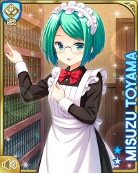 Rule 34 | 1girl, :d, apron, black dress, bookcase, bow, card (medium), day, dress, girlfriend (kari), green eyes, green hair, indoors, maid apron, maid headdress, official art, open mouth, qp:flapper, red bow, red neckwear, short hair, smile, solo, swept bangs, tagme, toyama misuzu, white apron, white headwear