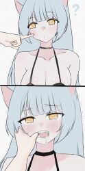 1boy 1girl 2024 2koma animal_ears bada_neko badaneko_art blue_hair blush breasts cat_ears cat_girl comic crying finger_in_another&#039;s_mouth indie_virtual_youtuber large_breasts long_hair open_mouth self-portrait solo white_background yellow_eyes