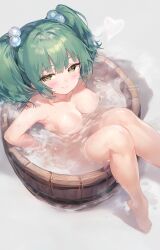 absurdres ai-assisted breasts completely_nude convenient_censoring green_eyes green_hair highres kisume light_smile medium_breasts nude sitting touhou