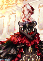 Rule 34 | 1girl, :o, absurdres, alternate costume, artist name, black dress, black gloves, blush, breasts, cleavage, commentary request, dress, elbow gloves, gakuen idolmaster, gloves, highres, idolmaster, jewelry, juo sena, long hair, looking to the side, medium breasts, necklace, off-shoulder dress, off shoulder, own hands together, palro ak1 e, parted bangs, partial commentary, solo, two-tone dress