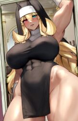 1girl abs absurdres armpits bare_shoulders barghest_(fate) biceps black_dress blonde_hair breasts covered_navel dress elbow_gloves fate/grand_order fate_(series) gloves green_eyes heterochromia highres horns large_breasts long_hair looking_at_viewer muscular muscular_female nun pelvic_curtain raskasar red_eyes short_sleeves thick_thighs thighs veil white_gloves