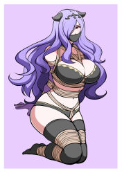 1girl arms_behind_back bdsm between_breasts blush bondage bound breasts camilla_(fire_emblem) female_focus fire_emblem fire_emblem_fates full_body gag highres jam-orbital kneeling large_breasts long_hair looking_at_viewer navel nintendo purple_hair red_eyes simple_background solo thighhighs