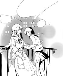 2girls bang_dream! bang_dream!_it&#039;s_mygo!!!!! chinese_commentary commentary_request doll e-fa-dorn grey_hair greyscale highres long_hair long_sleeves monochrome multiple_girls pleated_skirt railing short_hair sidelocks skirt takamatsu_tomori togawa_sakiko