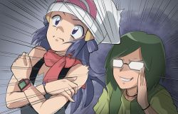 1boy 1girl adjusting_eyewear bare_shoulders beanie blue_hair conway_(pokemon) dark_background dawn_(pokemon) glasses glowing_glasses green_hair hat kijouyu long_hair nintendo opaque_glasses pokemon pokemon_(anime) pokemon_dppt_(anime) poketch scarf short_hair short_sleeves sleeveless smile trembling upper_body watch wristwatch