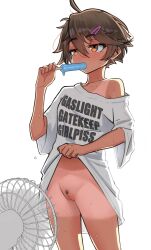 1girl absurdres ahoge body_blush bottomless brown_eyes brown_hair censored clothes_writing electric_fan english_text female_focus female_pubic_hair food food_in_mouth gaslight_gatekeep_girlboss_(meme) hair_ornament hairclip highres jitome kyoko_(madaotheory) lifting_own_clothes madaotheory matching_hair/eyes meme mosaic_censoring naked_shirt original popsicle popsicle_in_mouth pubic_hair pussy shirt short_hair shorts_tan simple_background solo sparse_pubic_hair standing sweat t-shirt tan tanline tomboy white_background