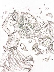 1girl alternate_costume arm_at_side arm_up closed_mouth commentary_request cowboy_shot crying crying_with_eyes_open dress earrings eyelashes falling_petals floating_clothes floating_hair frieren from_side hair_down hand_on_own_forehead highres jewelry kaatan long_hair looking_up petals pointy_ears sleeveless sleeveless_dress solo sousou_no_frieren standing streaming_tears teardrop_earrings tears traditional_media