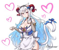 1girl alternate_costume animal_ears apron black_hairband blue_hair blush breasts cat_ears cat_tail cleavage closed_mouth curled_horns detached_sleeves fire_emblem fire_emblem_heroes freyja_(fire_emblem) goat_horns grimaisbestwaifu hairband heart horns kemonomimi_mode large_breasts long_hair looking_at_viewer mixed-language_commentary multicolored_hair nintendo paw_pose red_eyes red_horns signature simple_background smile solo tail two-tone_hair very_long_hair waist_apron white_apron white_background white_hair