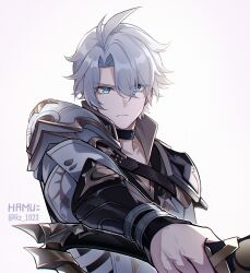 1boy antenna_hair armor blue_eyes closed_mouth collarbone grey_hair hair_between_eyes hamu_(rz_1023) highres holding holding_sword holding_weapon honkai:_star_rail honkai_(series) male_focus pauldrons phainon_(honkai:_star_rail) short_hair shoulder_armor simple_background single_pauldron solo sword twitter_username upper_body weapon white_background yellow_pupils