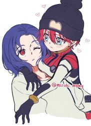 1boy 1girl amate_yuzuriha aqua_eyes blue_hair blush bodysuit breasts earrings gundam gundam_gquuuuuux hat heart holding jewelry long_sleeves mecha_pilot_suit mizuki_mgmg multicolored_hair normal_suit_(gundam) one_eye_closed open_mouth purple_hair red_eyes red_hair science_fiction shirt short_hair shuji_ito two-tone_hair
