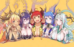 5girls :d ahoge artist_name ayakashi_rumble! bare_shoulders bead_bracelet beads bikini black_bikini black_dress blonde_hair blue_eyes blue_hair blush book bracelet breasts character_request chest_sarashi chromatic_aberration cleavage closed_mouth collarbone commentary_request crossed_bangs double-parted_bangs dress fang flower gem hair_between_eyes hair_flower hair_ornament hair_ribbon hand_to_own_mouth hand_up hands_up highres holding holding_book horns jewelry large_breasts lineup long_hair looking_at_viewer multicolored_hair multiple_girls one_eye_closed open_book open_mouth orange_eyes parted_lips pink_eyes pink_gemstone pink_ribbon pink_streaks purple_hair red_eyes red_hair ribbon sarashi short_hair sleeveless sleeveless_dress smile streaked_hair swept_bangs swimsuit tail textless_version utu_(ldnsft) v v_over_face white_dress white_hair yellow_background