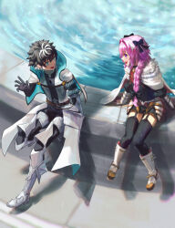 2boys absurdres arm_guards armor astolfo_(fate) black_bow black_gloves black_thighhighs boots bow braid charlemagne_(fate) cloak collar emblem facing_another fate/extella fate/extella_link fate/extra fate/grand_order fate_(series) fountain fur-trimmed_cloak fur_trim gloves hair_bow hair_intakes highres keka_(user_sgch4854) knee_boots long_hair long_sleeves looking_at_another multicolored_hair multiple_boys multiple_hair_bows pink_hair shadow single_braid smile streaked_hair thighhighs trap water waving white_hair zettai_ryouiki