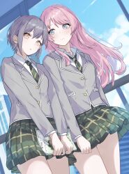 2girls absurdres arms_at_sides bang_dream! bang_dream!_it&#039;s_mygo!!!!! black_hair blue_sky blurry blurry_background blush building buttons chihaya_anon closed_mouth cloud collared_shirt commentary_request cowboy_shot day diagonal-striped_clothes diagonal-striped_necktie dutch_angle green_necktie green_skirt grey_jacket hair_between_eyes haneoka_school_uniform heads_together highres holding holding_notebook houji_tea_latte indoors jacket long_hair long_sleeves looking_at_another looking_at_viewer looking_to_the_side miniskirt multiple_girls necktie notebook parted_lips pink_hair plaid_clothes plaid_skirt pleated_skirt school_uniform shirt short_hair side-by-side skirt sky standing striped_clothes takamatsu_tomori v_arms white_shirt window yellow_eyes yuri