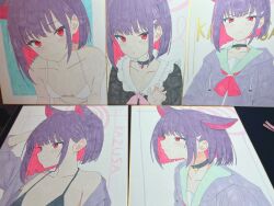 1girl absurdres alternate_costume animal_ears bikini black_bikini black_choker black_shirt blue_archive blush bow bowtie breasts cat_choker cat_ears choker collarbone colored_inner_hair commentary_request drawstring frilled_shirt_collar frills from_behind green_sailor_collar heart heart_choker highres hood hood_down hooded_jacket jacket kazusa_(blue_archive) kurumi_kororin marker_(medium) medium_hair multicolored_hair multiple_views navel neckerchief open_clothes open_jacket photo_(medium) pink_bow pink_bowtie pink_hair pink_neckerchief pout purple_hair purple_jacket red_eyes sailor_collar shikishi shirt sidelocks small_breasts smile stomach string_bikini swimsuit traditional_media v-neck white_bikini