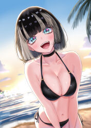 1girl absurdres alternate_costume beach bikini black_bikini black_choker black_hair blue_eyes breasts choker cleavage evening grey_hair highres hololive hololive_dev_is juufuutei_raden medium_breasts multicolored_hair navel ocean open_mouth outdoors sand solo streaked_hair sunset suzuka_(suzukawu) swimsuit teeth upper_teeth_only virtual_youtuber