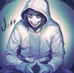 Rule 34 | 1boy, bags under eyes, blue hair, blue theme, creepypasta, evil grin, evil smile, grin, highres, hood, hood up, hoodie, icekana, jeff the killer, looking at viewer, male focus, medium hair, partially shaded face, smile, solo, spotlight, steepled fingers, teeth, upper body, white hoodie, wide-eyed