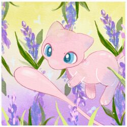 blue_eyes border floating flower gen_1_pokemon hashtag-only_commentary highres leaf legendary_pokemon looking_down mew_(pokemon) mythical_pokemon nintendo no_humans pokemon pokemon_(creature) pokemon_focus sapphire_ethu solo white_border