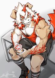 1boy abs absurdres arknights bara colored_tips cup cyanlocker furry furry_male highres holding holding_cup horns hung_(arknights) komainu_boy komainu_ears komainu_tail looking_at_viewer male_focus mixue multicolored_hair muscular muscular_male open_mouth orange_eyes orange_shirt orange_tank_top pectorals shirt single_horn sitting sleeveless sleeveless_shirt smile tank_top