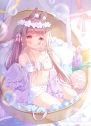 1girl :o animal_ears bare_shoulders basket_chair blush bra breasts brown_hair bubble cardigan cardigan_partially_removed collarbone easter_egg egg flower flower_wreath full_body groin highres long_hair long_sleeves looking_at_viewer medium_breasts navel off_shoulder omochi_monaka original parted_lips pillow pink_eyes purple_cardigan rabbit_ears rabbit_girl seiza shorts sitting solo stomach twitter_username underboob underwear very_long_hair white_bra white_flower white_shorts