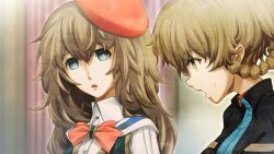 2girls amane_suzuha amane_suzuha_(beta) amane_yuki belt belt_buckle beret black_belt black_jacket blue_eyes blue_jacket blue_track_suit blurry blurry_background bow braid breasts brown_hair buckle chest_bow collared_shirt confused cosplay costume cropped_jacket dress_vest future_gadget_lab game_cg hair_rings hat high_collar highres huke jacket jacket_over_jacket leather leather_jacket long_sleeves medium_breasts mother_and_daughter multiple_girls nervous_sweating non-web_source official_art open_mouth red_bow red_hat ringed_eyes shiny_lips shirt steins;gate steins;gate_0 sweat sweatdrop teeth track_jacket track_suit twin_braids twintails upper_teeth_only yellow_eyes