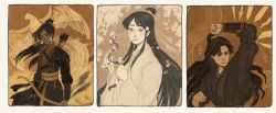 3boys animal armor arrow_(projectile) battlefield belt bird black_eyes black_hair black_hanfu bow_(weapon) bracer branch brown_background building chinese_clothes chu_wanning closed_mouth cloud commentary_request dark-skinned_male dark_skin dimple earrings erha_he_tadebai_mao_shizun fighting_stance fire flower frown glaring hair_flower hair_ornament hair_ribbon hanfu high_collar high_ponytail highres holding holding_bow_(weapon) holding_flower holding_weapon jewelry long_hair long_sleeves male_focus mo_ran multiple_boys open_mouth orange_background orange_sky phoenix ponytail quiver ribbon russian_commentary shoulder_armor simple_bird sky smile snake sword upper_body weapon white_flower white_hanfu wuxia xue_meng yaroslava_murashko yellow_eyes