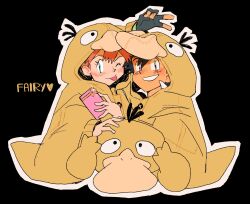 1boy 1girl ash_ketchum black_hair blush cellphone character_print cosplay eyelashes fairybees fingerless_gloves gen_1_pokemon gloves green_gloves highres holding holding_phone hood hood_up hoodie long_sleeves looking_at_viewer misty_(pokemon) nintendo one_eye_closed orange_hair phone pokemon pokemon_(anime) psyduck short_hair smile tongue tongue_out v