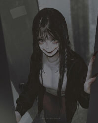 1girl aoi_ogata artist_name black_hair black_jacket black_nails breasts brown_skirt clip_studio_paint_(medium) commentary creepy english_commentary fingernails hand_up highres jacket long_fingernails long_hair long_sleeves looking_at_viewer medium_breasts momo_(creepypasta) open_clothes open_door open_jacket original parted_lips sharp_fingernails shirt skirt smile solo very_long_hair white_shirt wide-eyed