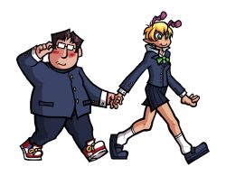 1boy 1girl adjusting_eyewear antennae black_hair black_shoes black_skirt blonde_hair blush bow couple dandadan glasses green_bow green_eyes height_difference holding_another&#039;s_hand holding_hands hood mrkaktus obscured_eyes pointy_ears red_shoes sakata_kinta school_uniform shoes short_hair skirt smile socks straight_hair vamola_(dandadan) white_background white_socks