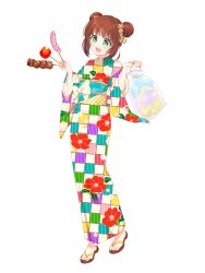 1girl :d banana bow brown_hair candy_apple cotton_candy dairoku_ryouhei double_bun floral_print food fruit full_body green_eyes hair_bun hair_ornament highres holding holding_skewer japanese_clothes kazesuzu_(tw) kimono obi open_mouth sandals sash shermie_luo short_hair skewer smile solo transparent_background white_bow yukata zouri
