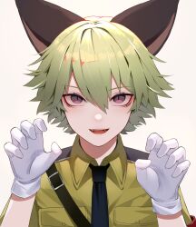 1boy absurdres animal_ears armband axescr bishounen black_necktie brown_eyes cat_ears claw_pose commentary gloves hair_between_eyes hellsing highres looking_at_viewer male_focus military_uniform nazi necktie open_mouth red_armband schroedinger_(hellsing) short_hair simple_background solo teeth upper_body white_background white_gloves
