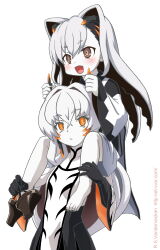 2girls :d bandabekken barefoot black_nails blush brown_eyes brown_footwear carrying carrying_person colored_skin commentary_request crossed_bangs geta hair_between_eyes holding holding_another&#039;s_horns holding_footwear holding_unworn_clothes horns kohime_(toji_no_miko) long_hair multiple_girls nail_polish open_mouth orange_eyes shoulder_carry smile standing swept_bangs tagitsuhime toji_no_miko white_background white_hair white_skin
