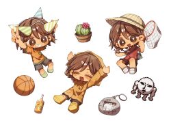 1boy alternate_costume arms_up ball basketball_(object) blush breast_pocket bright_pupils brown_eyes brown_hair butterfly_net cactus closed_eyes coat dark-skinned_male dark_skin double_v flower_pot glass_bottle green_socks grey_shorts grin hanabata0320 hand_net hat highres holding holding_butterfly_net hood hood_up kel_(faraway)_(omori) kel_(omori) looking_at_viewer male_focus omori open_mouth orange_coat orange_shirt parted_lips party_hat pluto_(omori) pocket raincoat red_tank_top rhinoceros_beetle shirt shoes short_sleeves shorts simple_background smile sneakers socks solo sun_hat t-shirt tank_top teeth twitter_username v white_background white_pupils