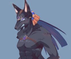 1boy abs ancient_egyptian_clothes anubis_(p&amp;d) blue_background commentary_request draw2_(milkcrown) furry furry_male gem jackal_boy looking_at_viewer male_focus purple_eyes purple_gemstone puzzle_&amp;_dragons simple_background solo toned toned_male topless_male upper_body