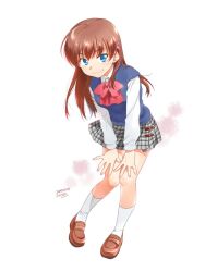 Rule 34 | 1girl, blue eyes, blue vest, blush, brown hair, brown shoes, checkered clothes, checkered skirt, closed mouth, dated, dress shirt, hair between eyes, hair ornament, leaning forward, loafers, long hair, long sleeves, misaki juri, one - kagayaku kisetsu e, paint splatter, red ribbon, ribbon, school uniform, shirt, shoes, skirt, smile, socks, sweater vest, vest, white background, white shirt, white socks, x hair ornament, yuzuki shiiko