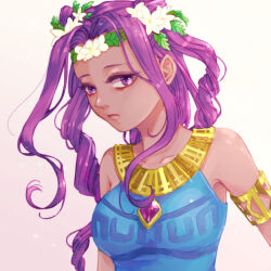 1girl armpit_crease blue_tunic bokujou_monogatari bokujou_monogatari:_mittsu_no_sato_no_taisetsuna_tomodachi collarbone curly_sidelocks curtained_hair dark-skinned_female dark_skin drill_hair expressionless flower gem gold_armlet gradient_background hair_flower hair_ornament head_wreath leaf_hair_ornament light_particles looking_at_viewer pink_background purple_eyes purple_gemstone purple_hair salad726 sidelocks siluka_(bokujou_monogatari) simple_background sleeveless_tunic solo tunic twin_drills two_side_up upper_body white_flower