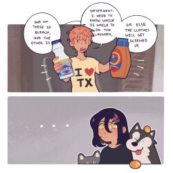 ... 1boy 1girl 2others black_hair bleach_(chemical) blonde_hair chainsaw_man denji_(chainsaw_man) detergent dreamisoup english_text food food-themed_hair_ornament fruit hair_between_eyes hair_ornament hairclip highres husky multiple_others nayuta_(chainsaw_man) open_mouth orange_(fruit) ringed_eyes sharp_teeth short_hair speech_bubble strawberry_hair_ornament teeth tongue tongue_out yellow_eyes