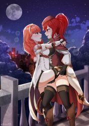2girls after_kiss anna_(fire_emblem) arm_around_back arms_around_neck balcony bare_shoulders black_gloves black_legwear blush boots brown_footwear cape castle celica_(fire_emblem) choker cloak cloud cloudy_sky collar diadem dress earrings fingerless_gloves fire_emblem fire_emblem_echoes:_shadows_of_valentia fire_emblem_gaiden fire_emblem_warriors full_moon gloves hat high_heel_boots high_heels highres holding_leg intelligent_systems jewelry kiss leg_up long_hair looking_at_another married moon multiple_girls night night_sky nintendo onasu1011 orange_eyes orange_hair ponytail pouch princess queen red_cape red_cloak red_eyes red_hair ring saliva saliva_trail sky smile star_(sky) starry_sky sweat thigh_pouch thighhighs thighs tiara tongue tongue_out tree wedding_band wedding_ring white_cape white_dress white_footwear white_gloves wife_and_wife yuri