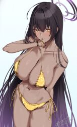 Rule 34 | 1girl, absurdly long hair, arm behind back, bikini, black hair, blue archive, breasts, collarbone, dark-skinned female, dark skin, esto 0079, gold bikini, hair down, halo, highres, karin (blue archive), large breasts, long hair, looking at viewer, mouth hold, purple halo, side-tie bikini bottom, simple background, solo, swimsuit, very long hair, white background, yellow eyes