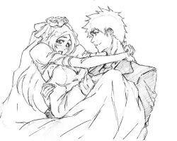 Rule 34 | 1boy, 1girl, arms around neck, bleach, blush, breasts, bridal veil, carrying, cleavage, couple, dress, elbow gloves, gloves, greyscale, hetero, husband and wife, inoue orihime, jacket, kubo tite (style), kurosaki ichigo, large breasts, long hair, looking at another, monochrome, open mouth, parted bangs, princess carry, puffy short sleeves, puffy sleeves, rakusakugk, short hair, short sleeves, sideboob, sketch, smile, spiked hair, suit jacket, upper body, veil, wedding, wedding dress, white background
