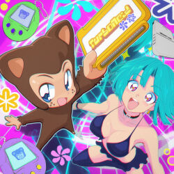 1girl animal_ears black_choker blue_hair breasts choker commentary earrings english_commentary freckles from_above highres jewelry memory_card open_mouth original short_hair system_st91 tamagotchi