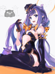 1girl asymmetrical_gloves bare_shoulders black_collar black_dress black_gloves black_thighhighs blue_eyes blunt_bangs blush bow chainsaw_man clothing_cutout collar cosplay cutout_above_navel diamond_hairband dress elbow_gloves fang flat_chest fur-trimmed_collar fur_choker fur_trim gen_1_pokemon gloves gradient_hair halloween halloween_costume halo hat headpiece highres hololive hololive_english jack-o&#039;-lantern long_hair mini_hat mole mole_under_eye multicolored_hair navel ninomae_ina&#039;nis nintendo open_mouth orange_bow orange_hair pochita_(chainsaw_man) pochita_(chainsaw_man)_(cosplay) pointy_ears pokemon purple_hair short_dress sidelocks simple_background single_elbow_glove sitting sketch skin_fang snorlax strapless strapless_dress takodachi_(ninomae_ina&#039;nis) tallgeese_(lgeesel) tentacle_hair thighhighs tongue tongue_out tube_dress uneven_gloves vampire_costume very_long_hair virtual_youtuber wariza white_background witch_hat