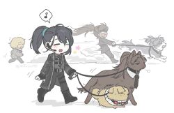 3boys animalization black_boots black_coat black_hair black_necktie black_pants black_shirt blush boots chest_harness closed_eyes coat collared_shirt dog earpiece full-stop_office_(identity)_(project_moon) happy harness heathcliff_(project_moon) highres hong_lu_(project_moon) lapels limbus_company microphone multiple_boys necktie notched_lapels ohzv open_mouth pants ponytail project_moon shirt sinclair_(project_moon) smile